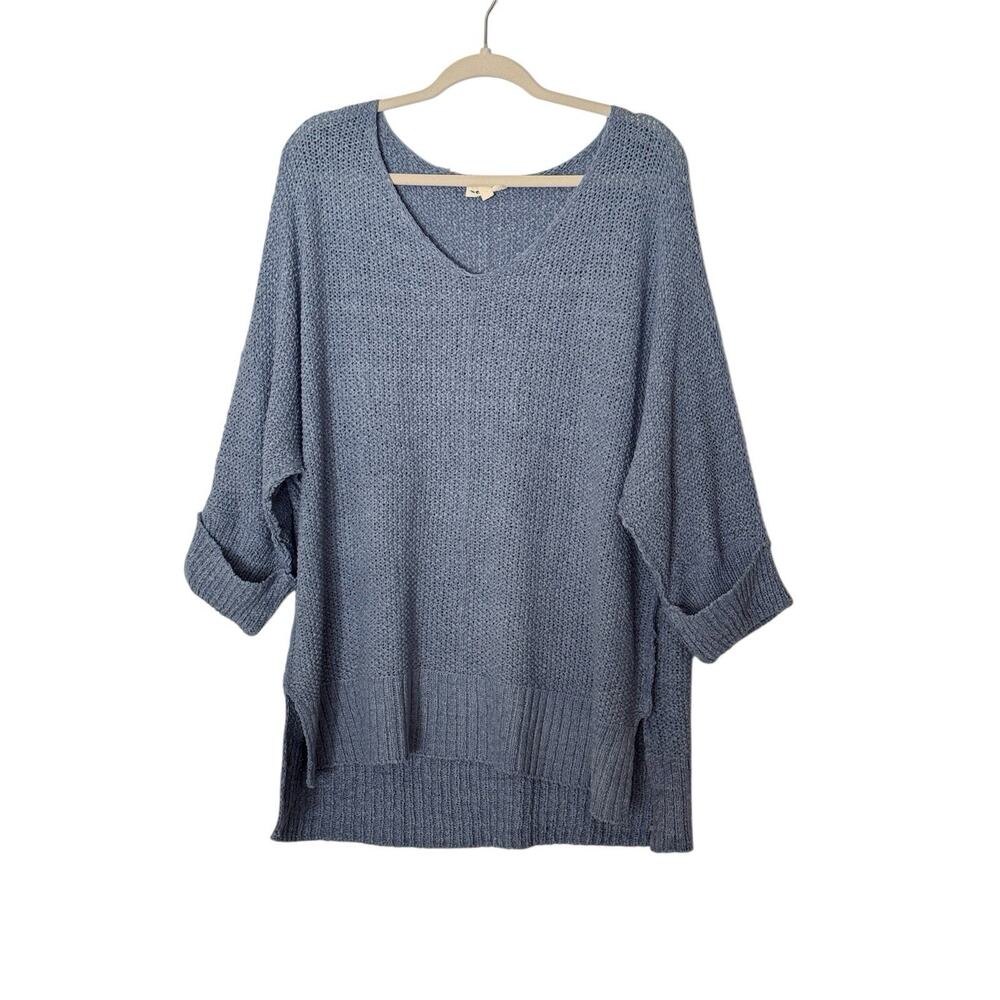 EE:SOME Blue Knit Pullover Long Sleeve Sweater V-Neck 3/4 Sleeve Size 1XL/2XL